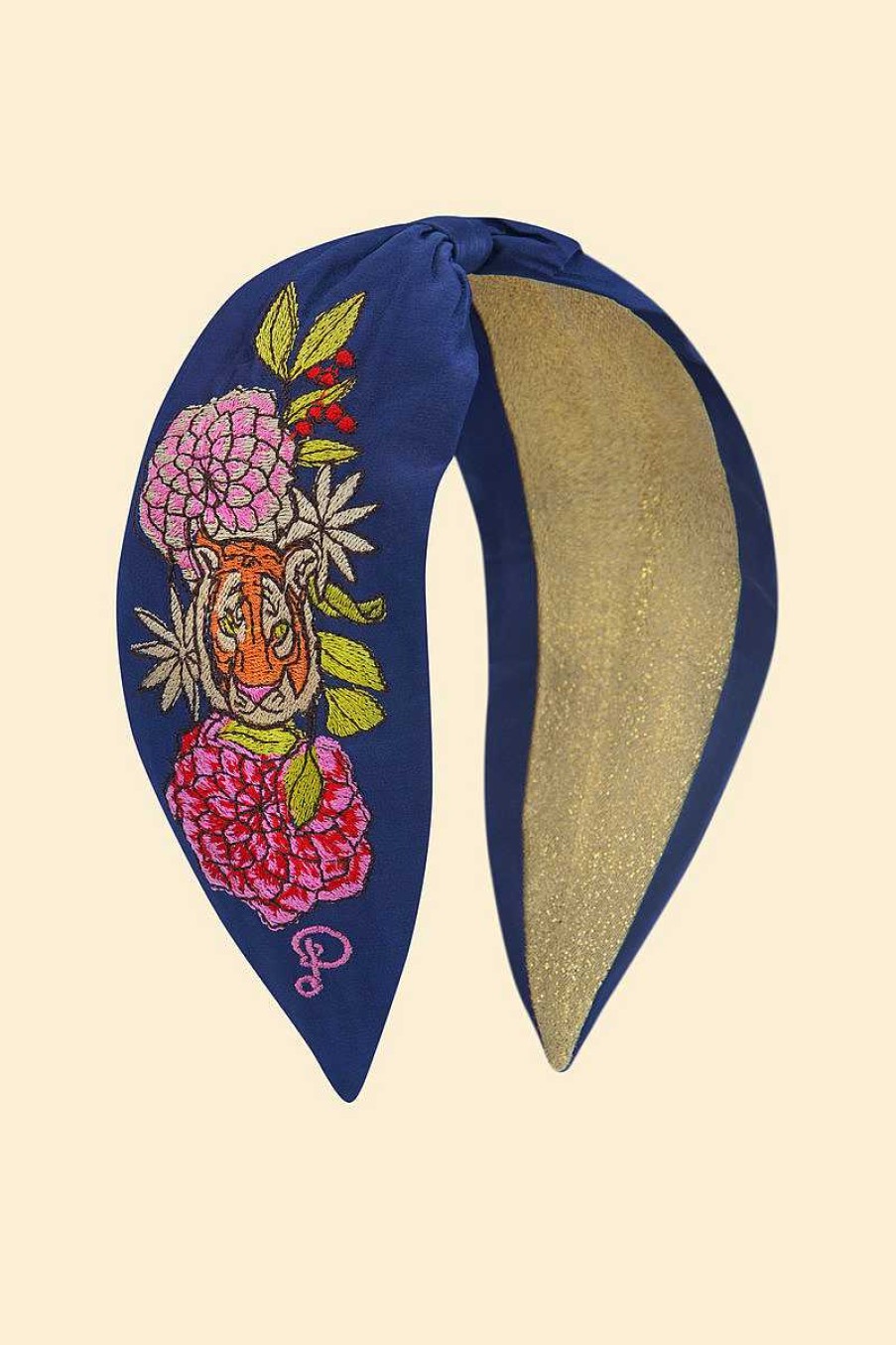 Women Powder | Satin Embroidered Headband - Floral Tiger Face In Indigo