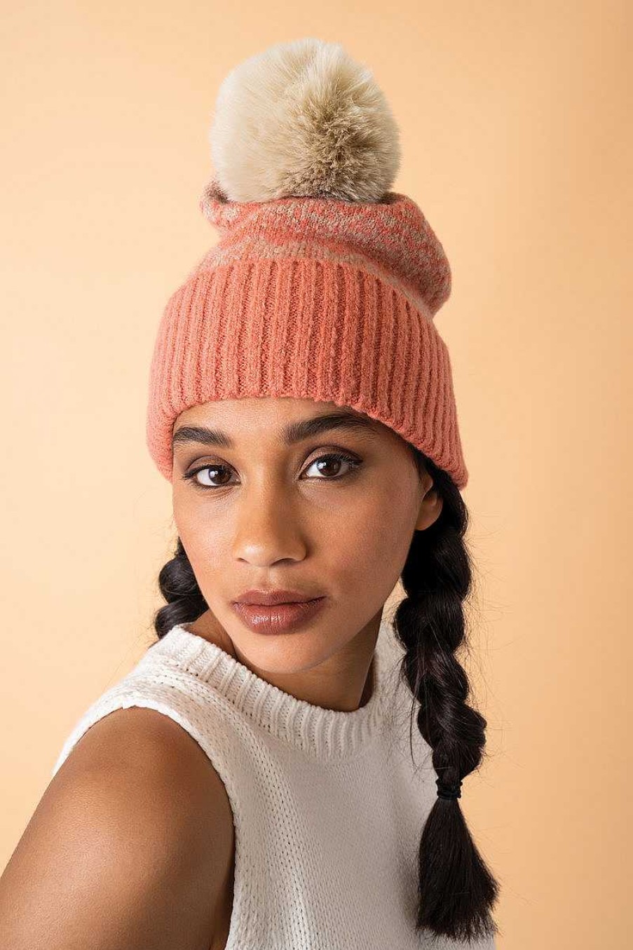 Women Powder | Thora Bobble Hat - Coral & Taupe