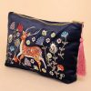 Women Powder | Velvet Embroidered Zip Pouch - Folk Art Deer, Slate