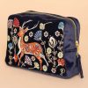 Women Powder | Velvet Embroidered Make-Up Bag - Folk Art Deer, Slate