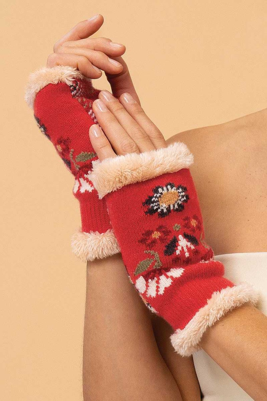 Women Powder | Ladies Cosy Floral Wrist Warmers - Rust