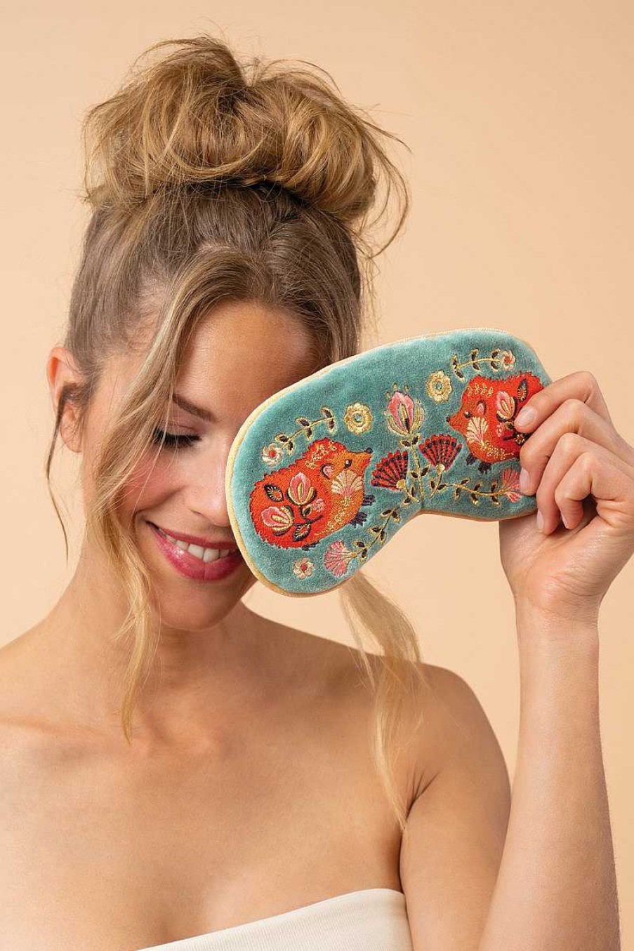 Women Powder | Luxury Lavender Velvet Eye Mask - Folk Art Hedgehog, Aqua