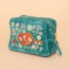 Women Powder | Velvet Embroidered Make-Up Bag - Folk Art Hedgehog, Aqua