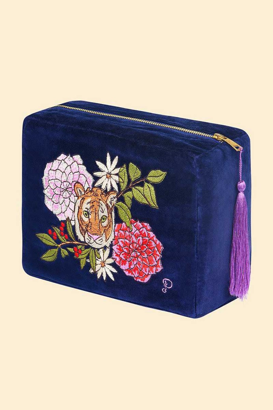 Women Powder | Velvet Vanity Bag - Floral Tiger Face In Indigo