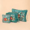 Women Powder | Velvet Embroidered Zip Pouch - Folk Art Hedgehog, Aqua